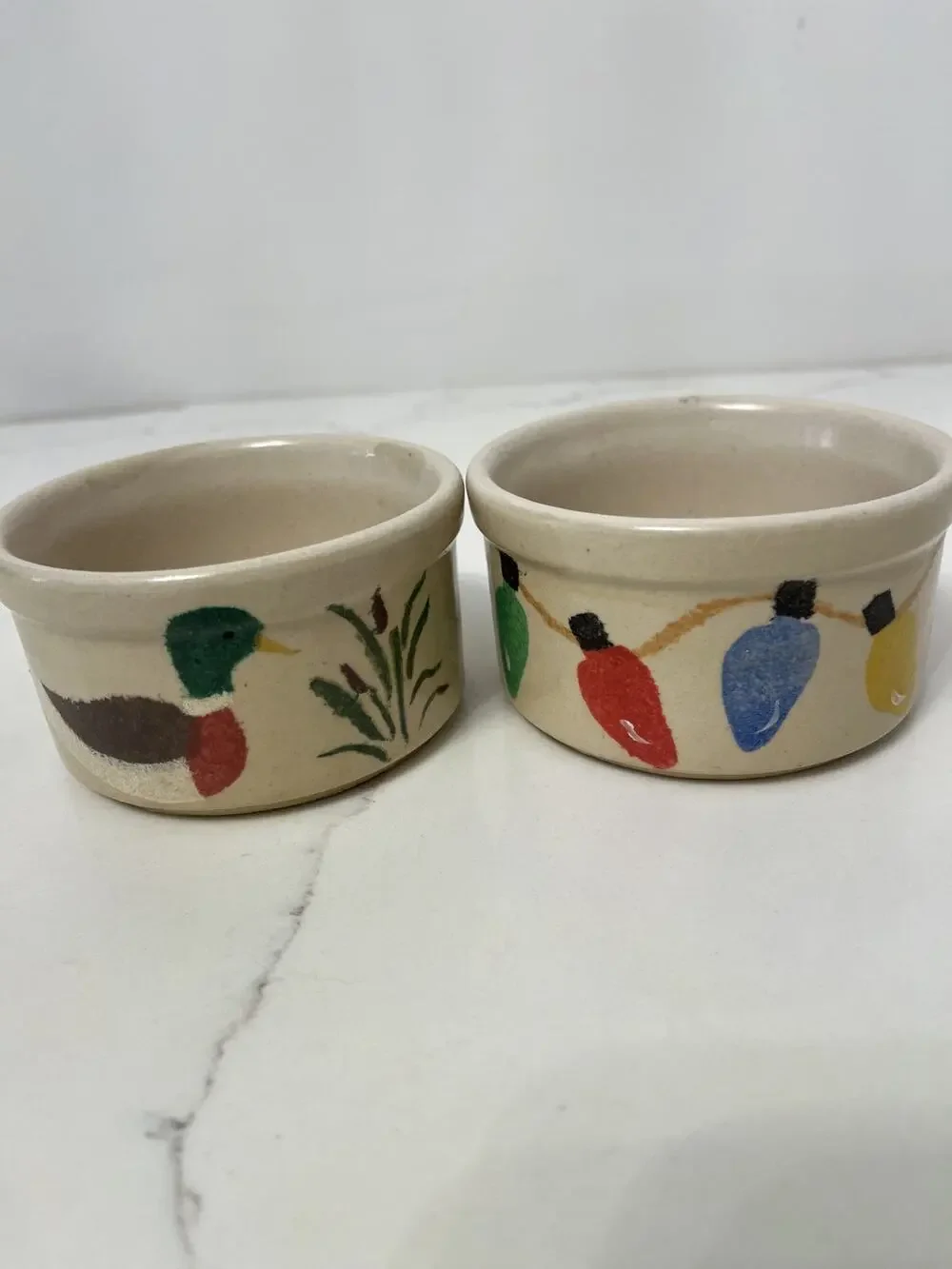 Roseville Cups Salt Pepper Hand Painted Stoneware 2 Cups Vtg Farmhouse Cottage